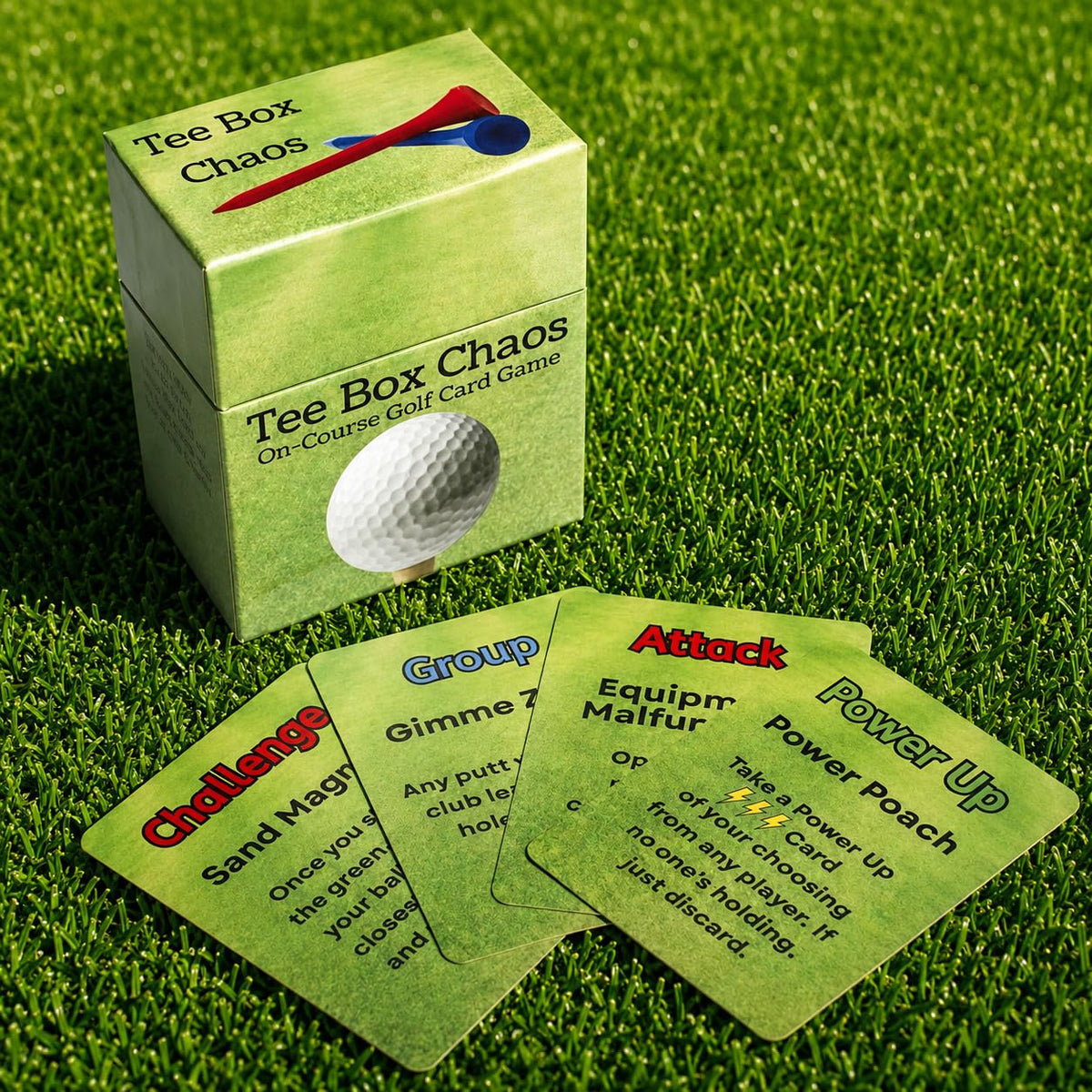 Hickoryville Tee Box Chaos deck—waterproof for all-weather rounds.
