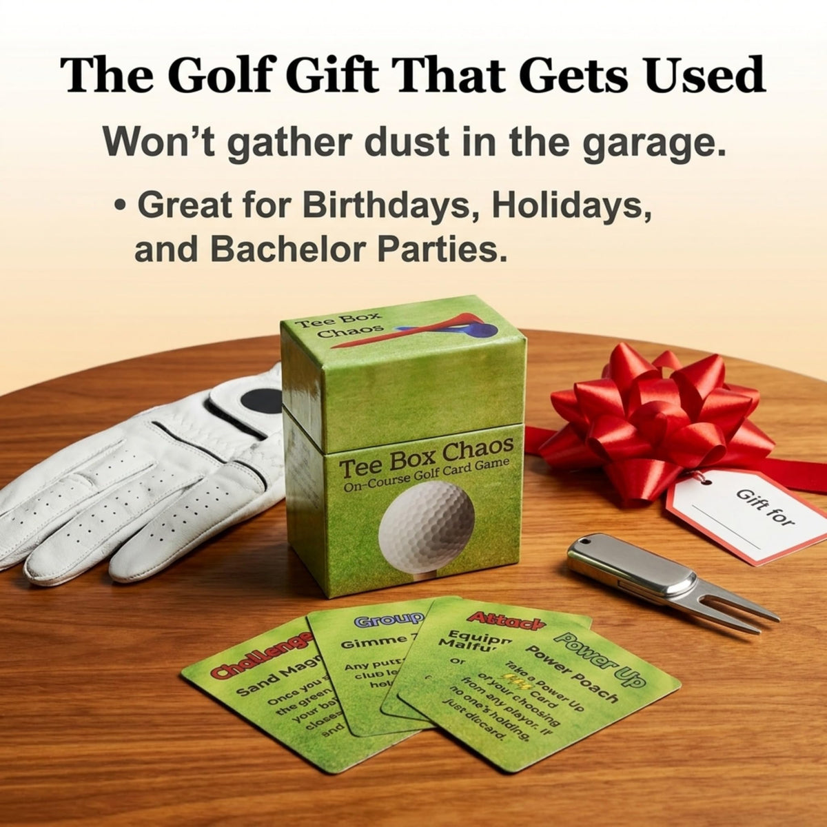 Hickoryville Tee Box Chaos cards on green—easy setup for 2-4 players.