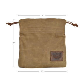Close-up of leather cinch securing tees and balls in Hide & Drink pouch