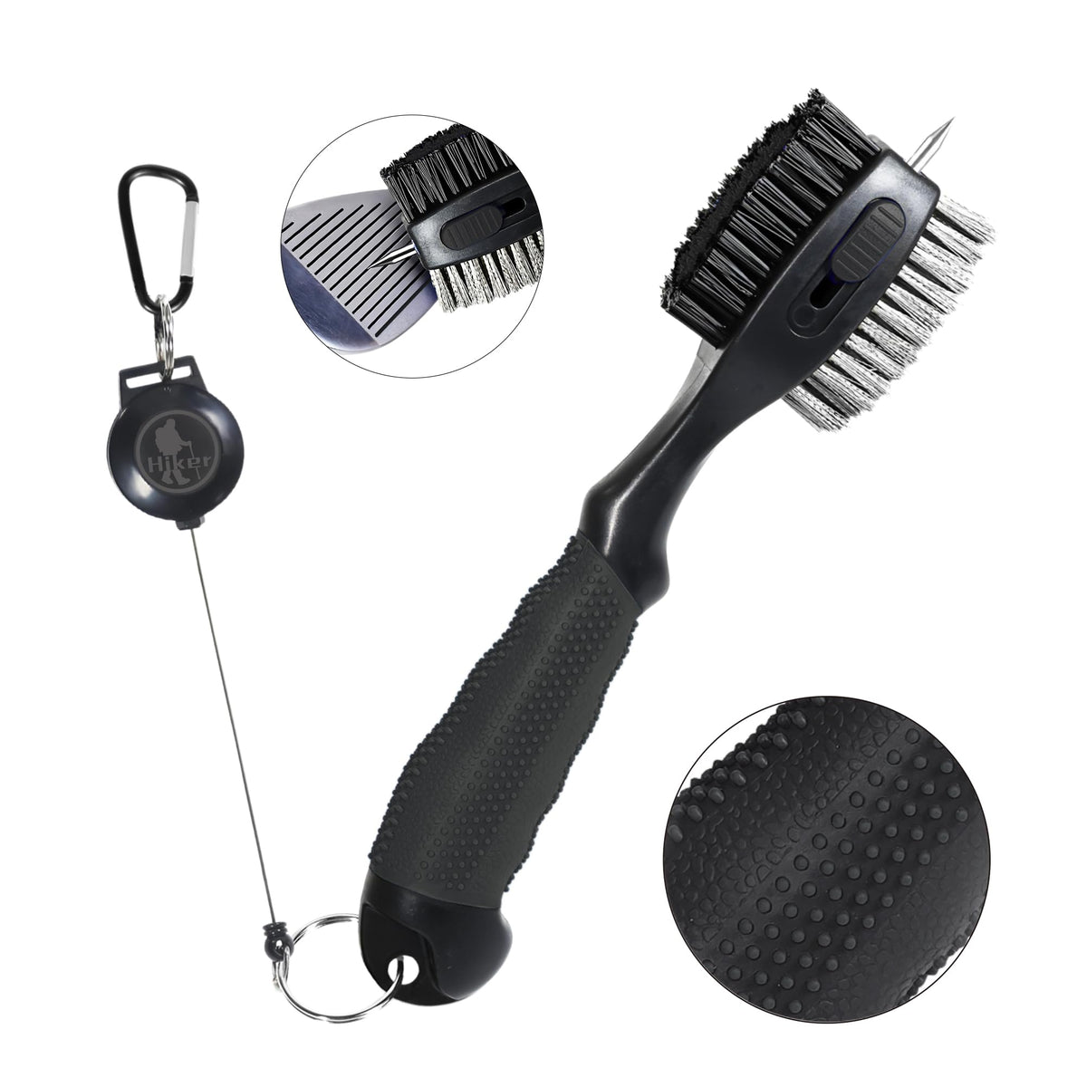 Hiker dual-sided golf club brush overview with oversized head for thorough cleaning.
