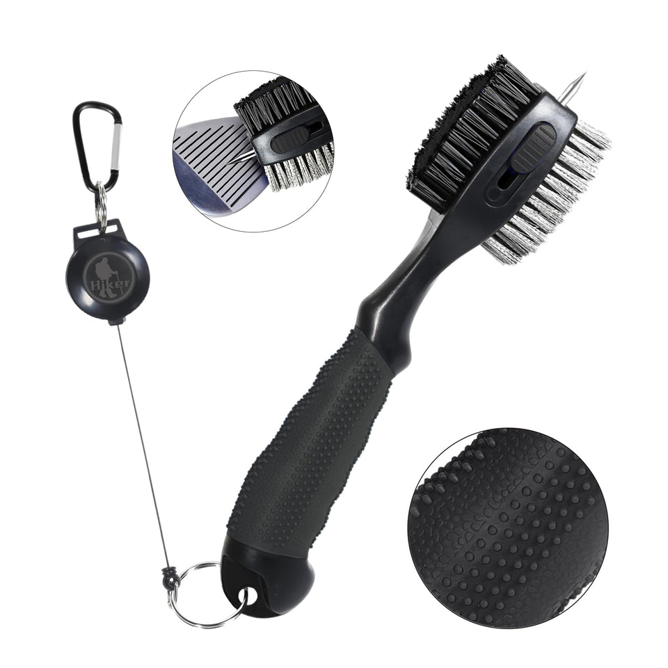 Hiker dual-sided golf club brush overview with oversized head for thorough cleaning.