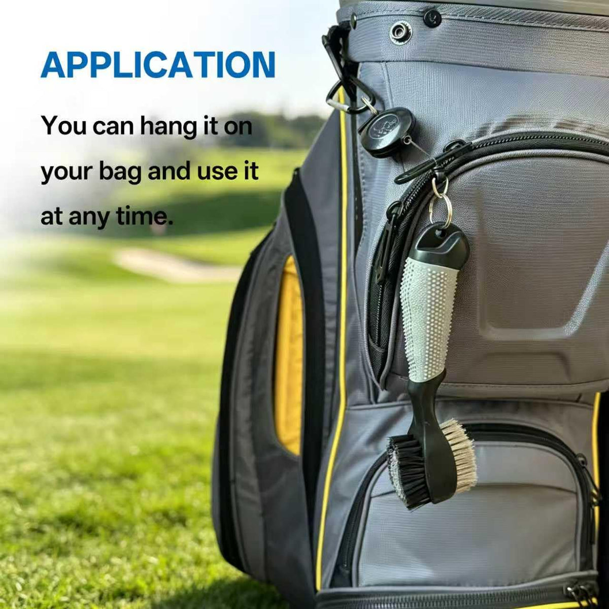 Hiker dual-head brush cleans irons, woods, and wedges for versatile care.