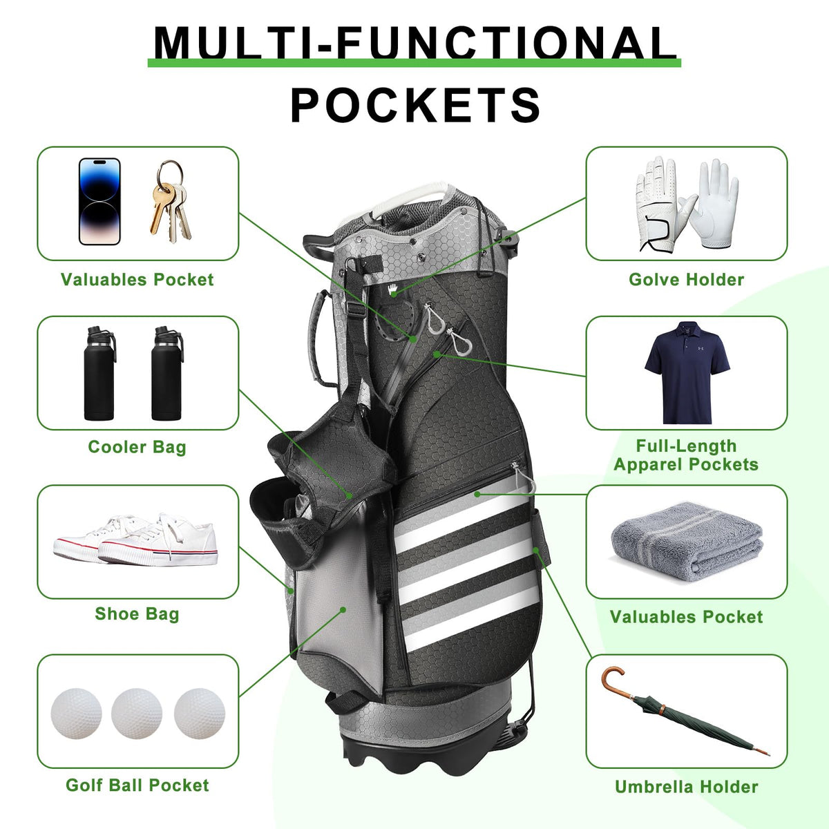 Himaly golf stand bag apparel pocket for extra on-course storage