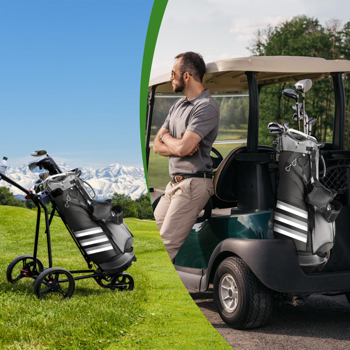 Himaly golf stand bag folding stand setup in action on the green