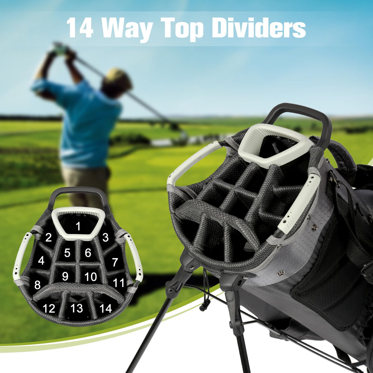 Himaly golf stand bag side view shows hex-textured durable shell