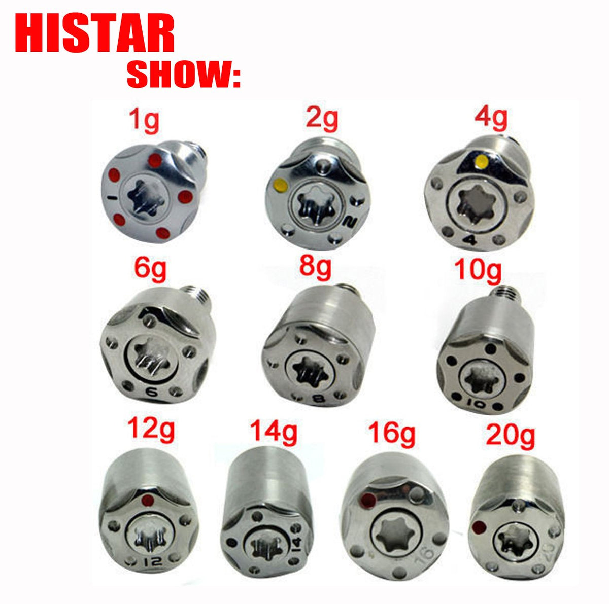 Histar weight materials close-up showing aluminium, stainless steel and tungsten options