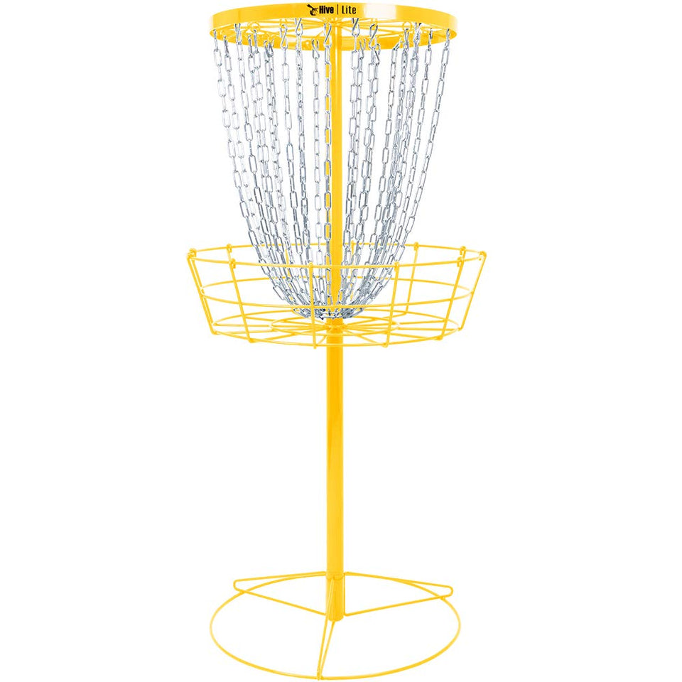 Hive Disc Golf Lite Basket assembly shows quick setup for portable practice sessions