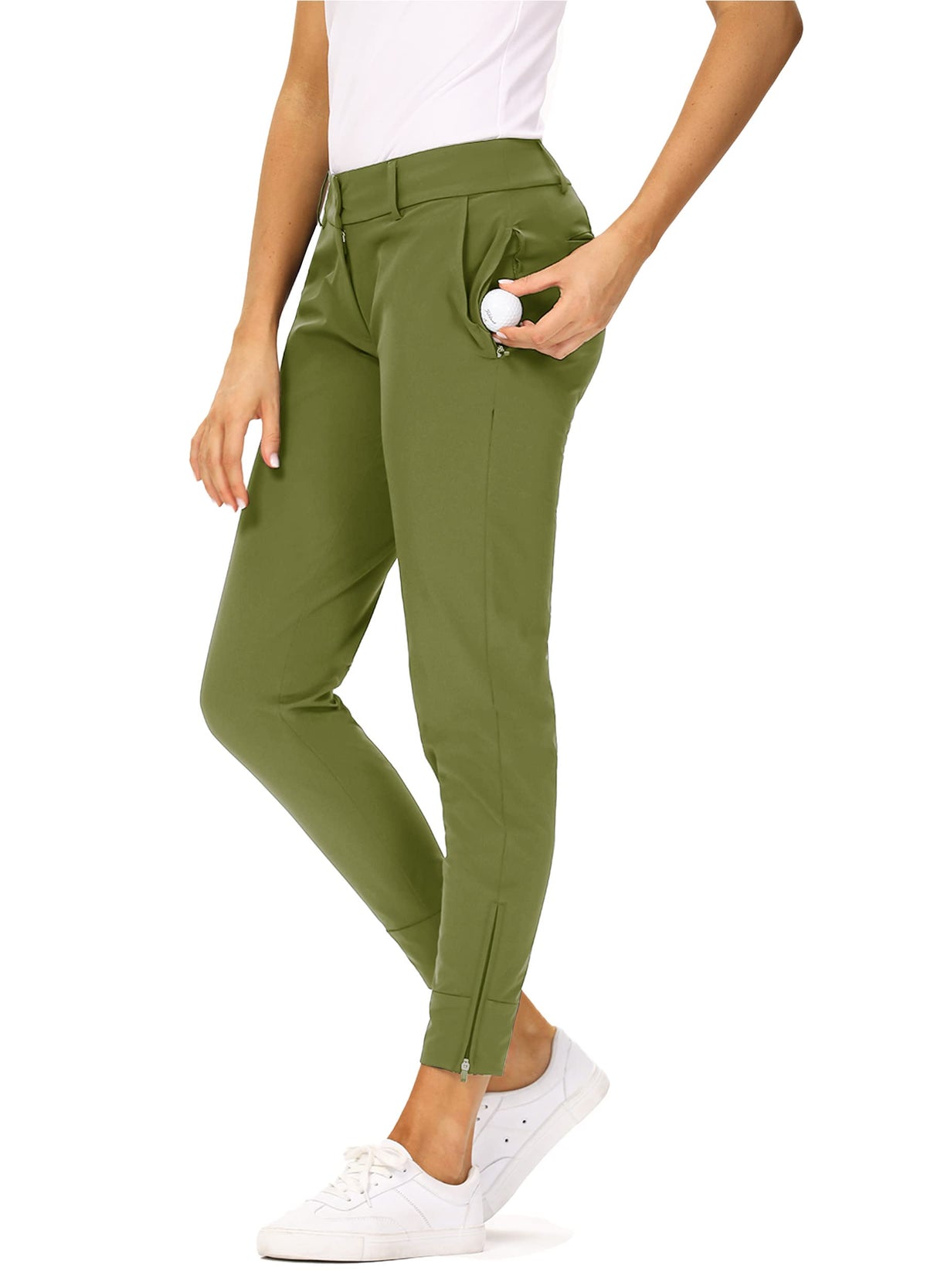 Hiverlay women's pro golf pants in olive green, front view, ideal for golf and daily comfort.