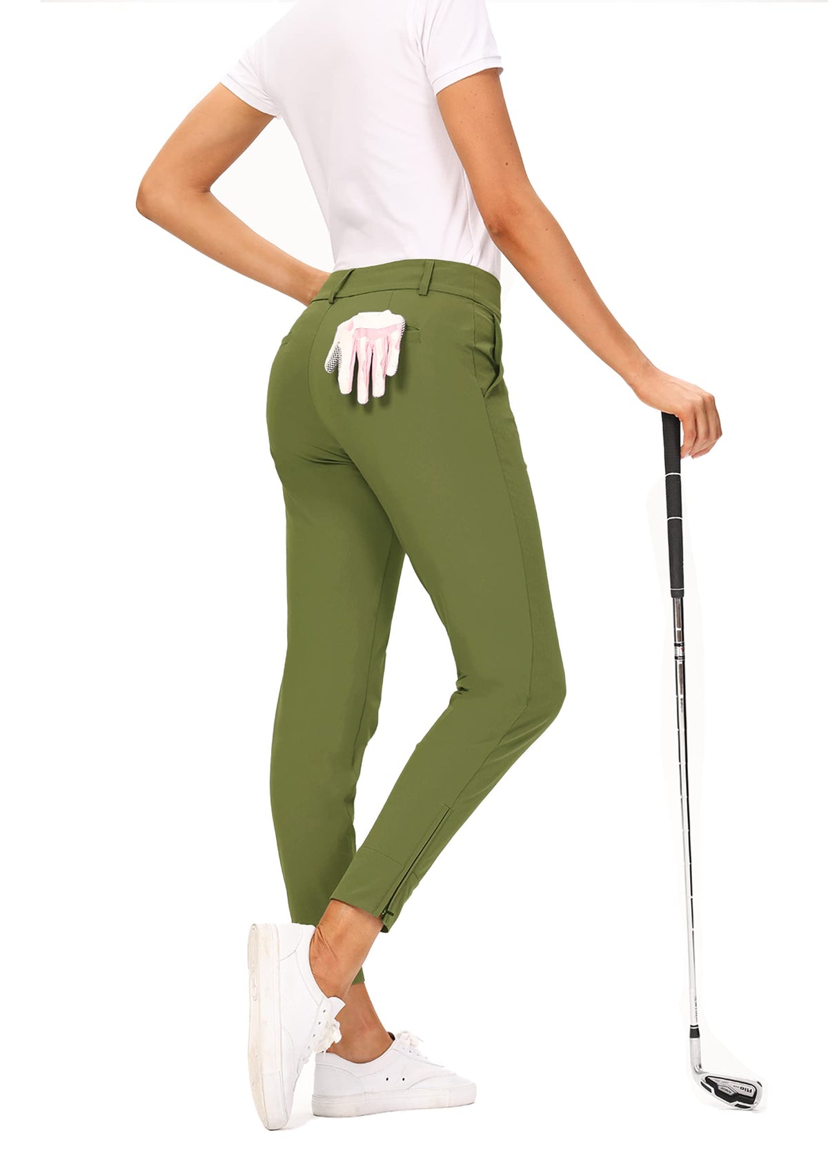 Hiverlay olive green pants pocket detail highlights secure storage for phone and keys.