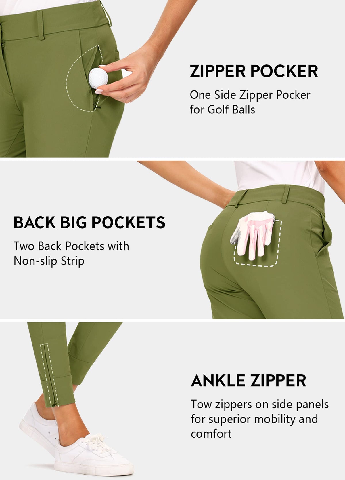 Hiverlay straight-leg pants with side zipper for easy movement on the course.