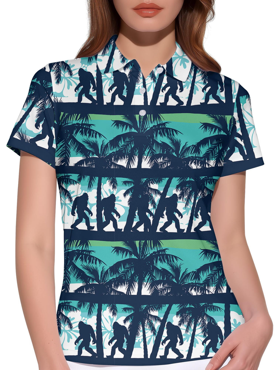 HIVICHI Bigfoot golf shirt for women with vibrant print enhances on-course style.