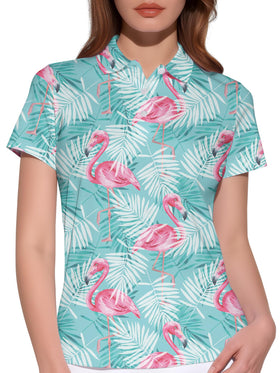 HIVICHI flamingo golf shirt for women, front view, adds playful tropical flair on the course.