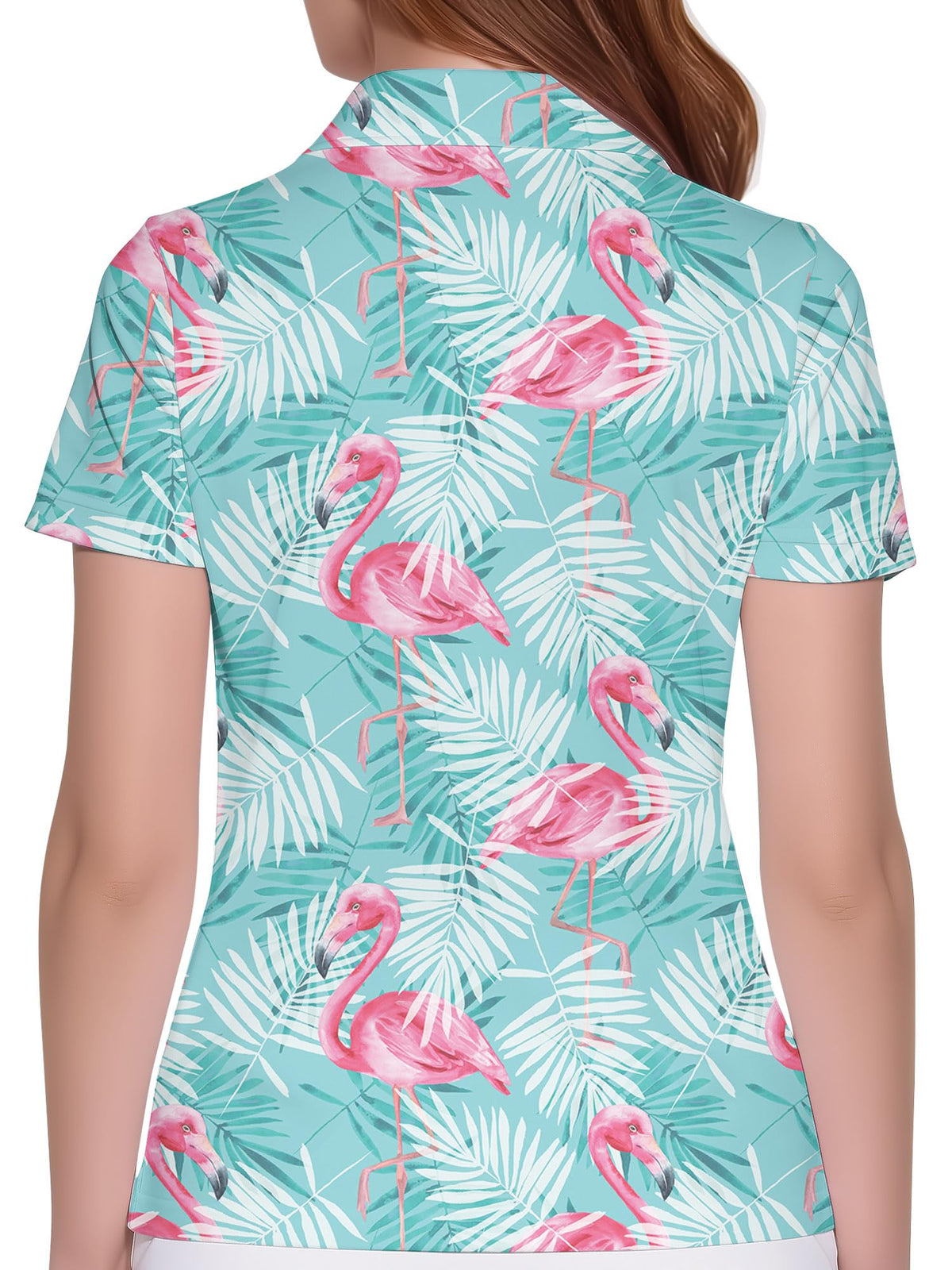 HIVICHI flamingo golf shirt for women, side view, lightweight comfort for all-day wear.