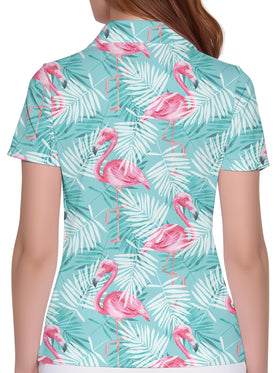 HIVICHI flamingo golf shirt for women, side view, lightweight comfort for all-day wear.