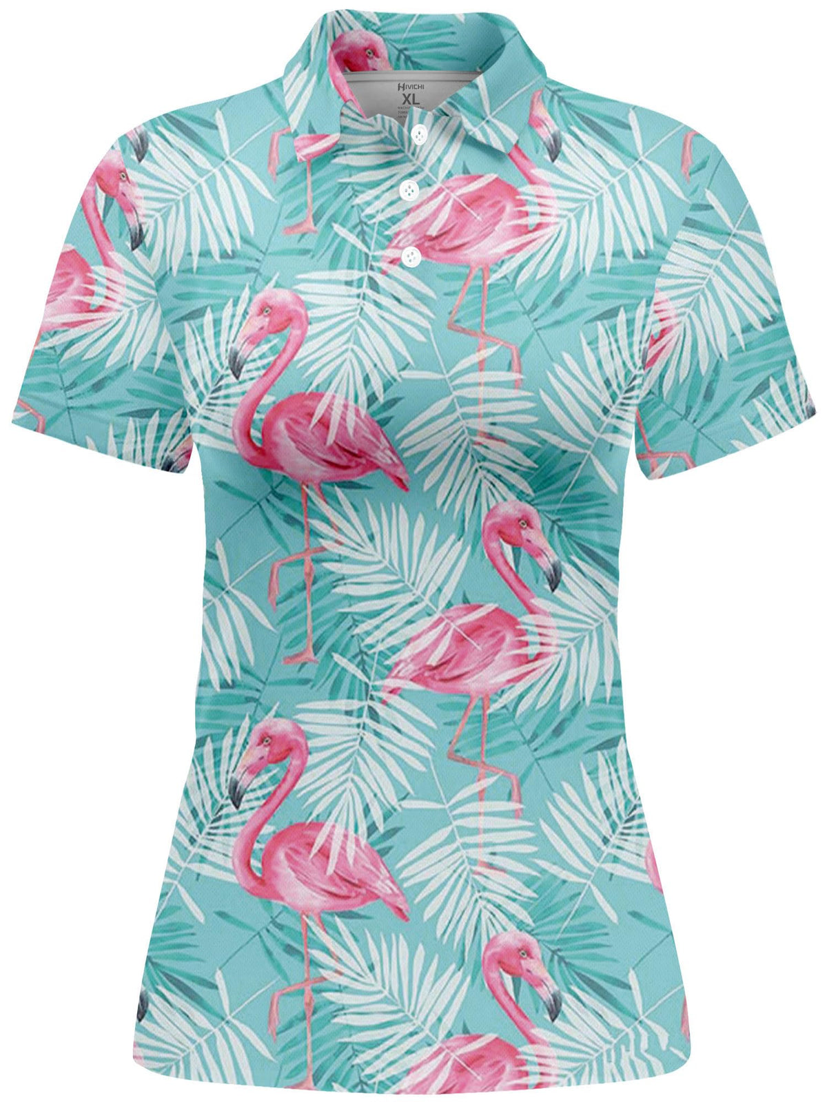 HIVICHI flamingo pattern on women’s polo, front-view, vibrant design to boost course confidence.