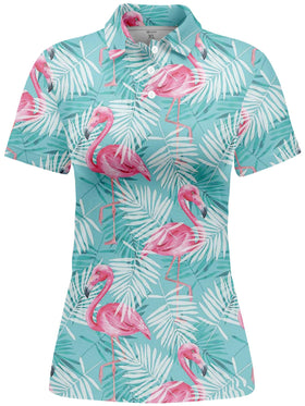 HIVICHI flamingo pattern on women’s polo, front-view, vibrant design to boost course confidence.