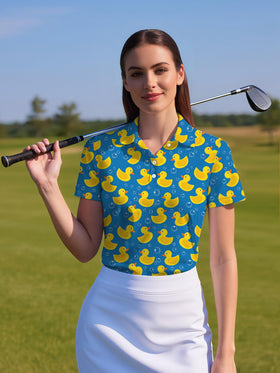 HIVICHI funny duck golf shirt for women, back view, bold print stands out on the course.