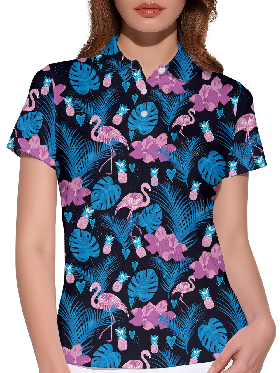 HIVICHI funny flamingo golf shirt for women in tropical print, breathable for all-day comfort.