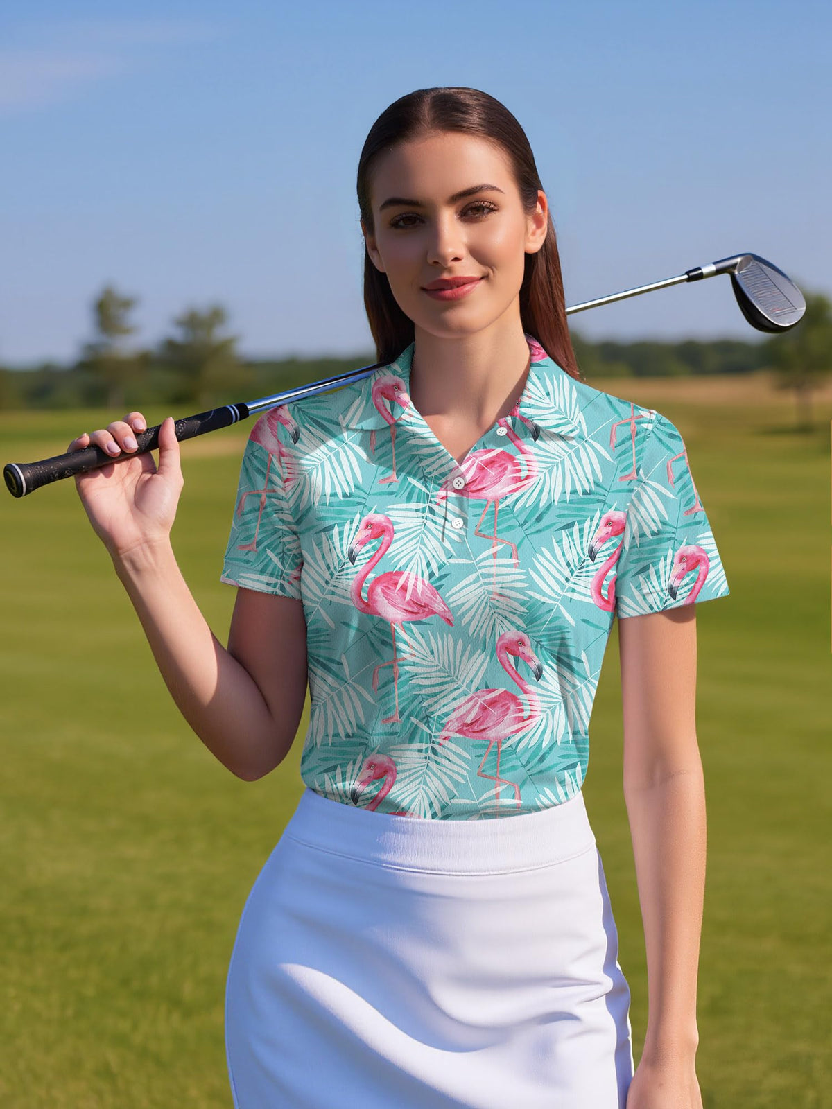 HIVICHI tropical Hawaiian print polo for women, closeup, vivid colors stand out during rounds.