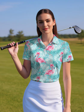 HIVICHI tropical Hawaiian print polo for women, closeup, vivid colors stand out during rounds.