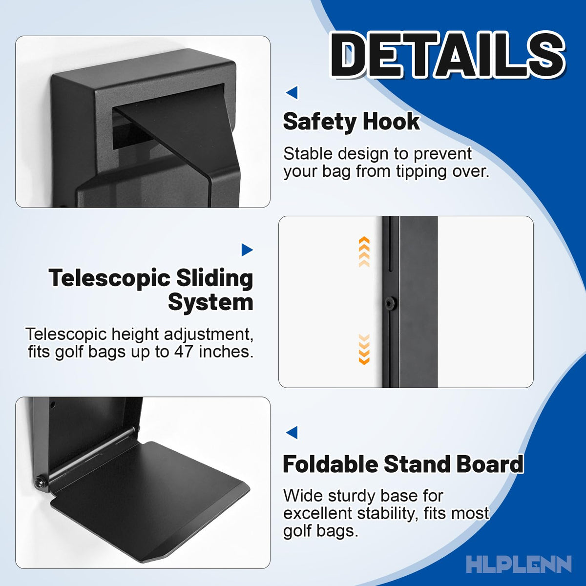 Hlplenn air-spring retractable holder simplifies storing and retrieving clubs.