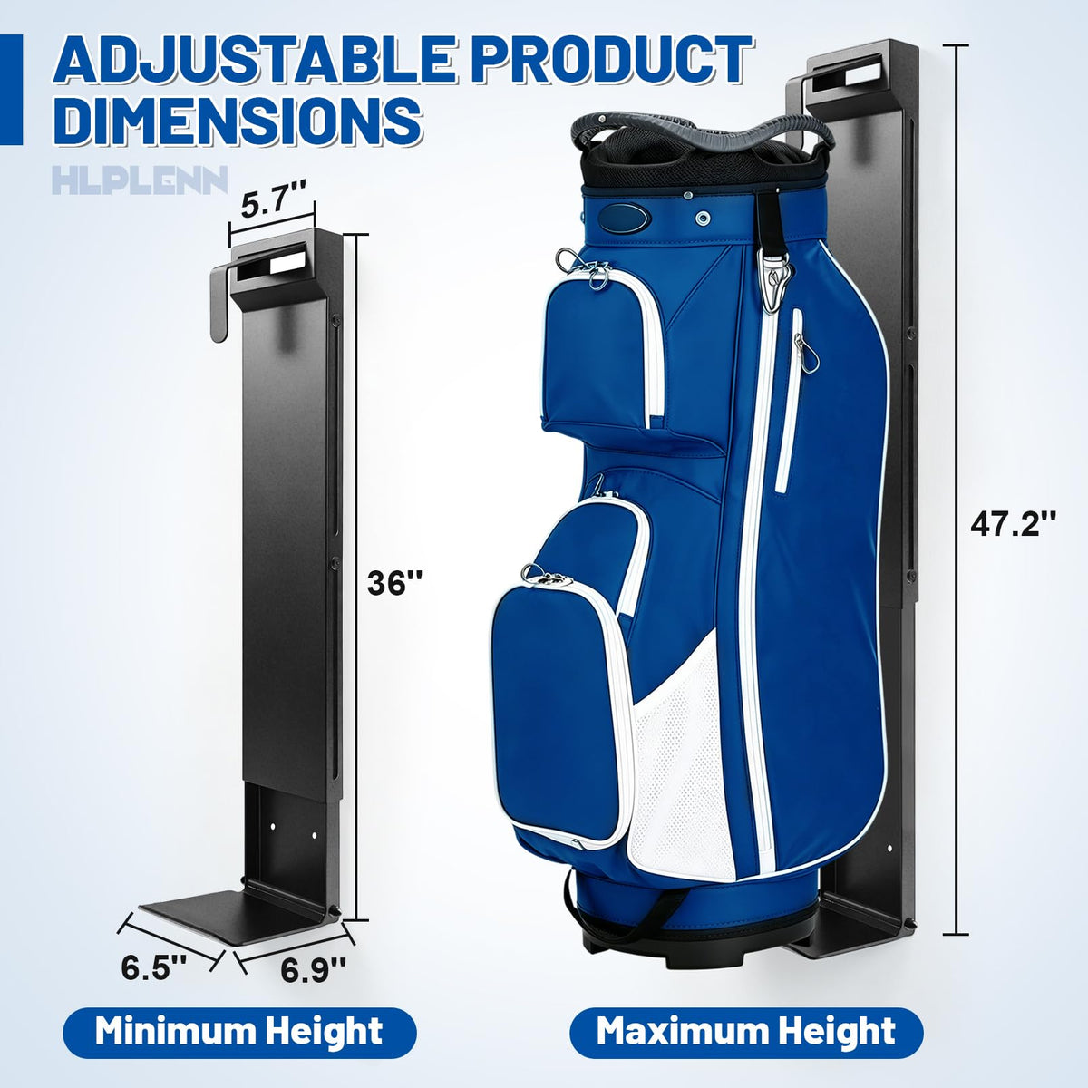 Hlplenn heavy-duty steel golf bag rack keeps bags secure on the wall.
