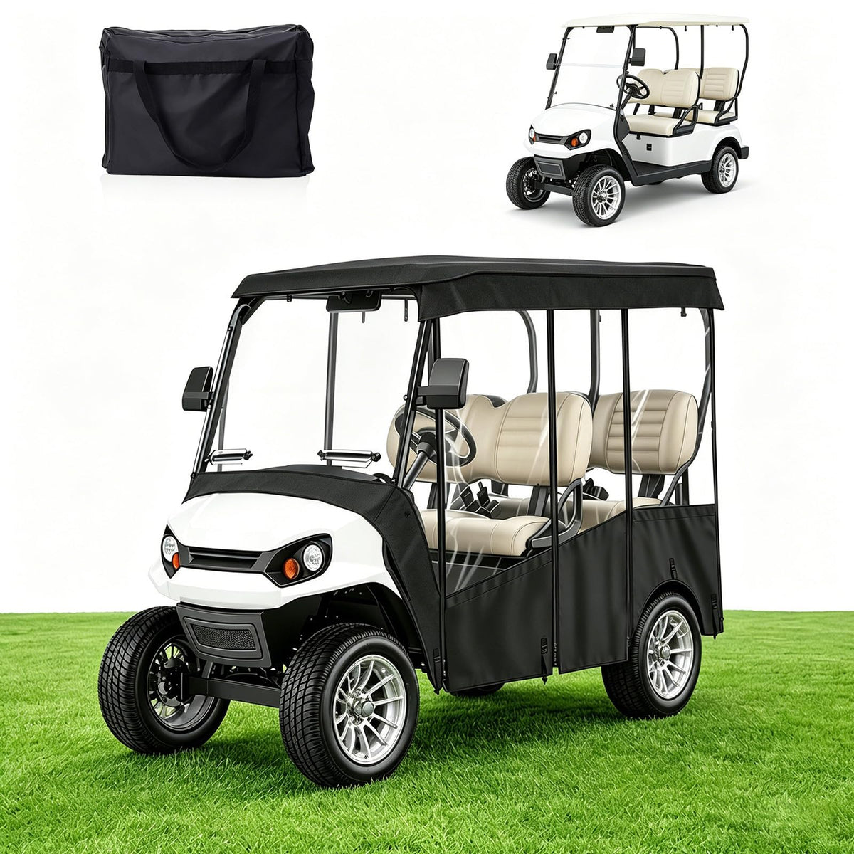 HMAZAE golf cart cover with clear PVC windows for quick visibility.