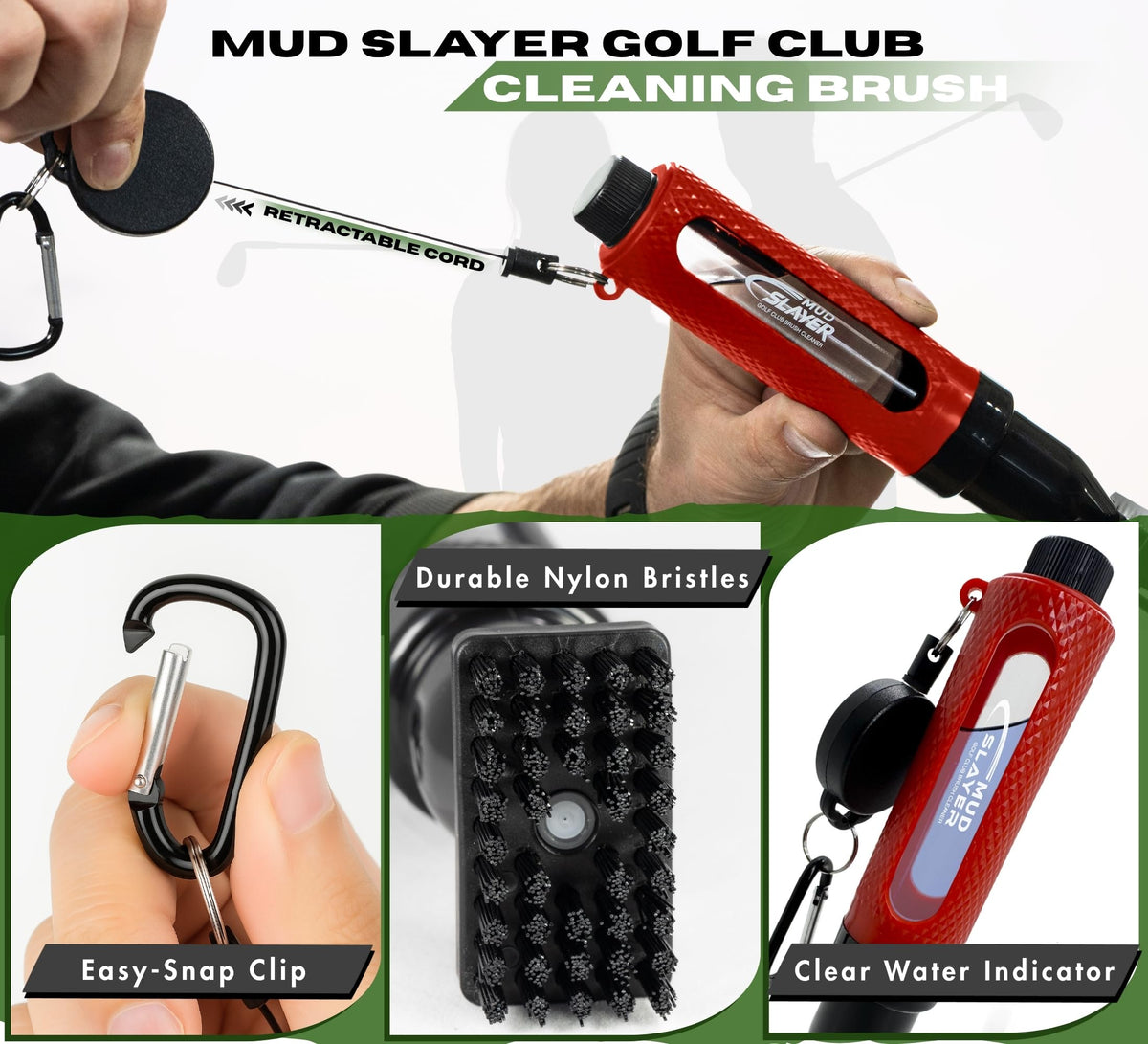 Retractable clip keeps Mud Slayer accessible on your golf bag.