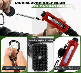 Retractable clip keeps Mud Slayer accessible on your golf bag.