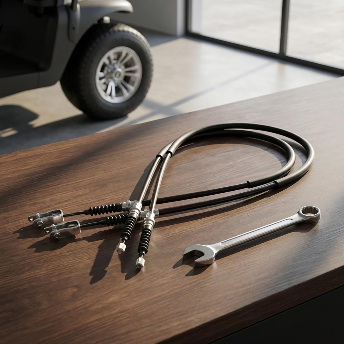 HOGUCAL Club Car DS brake cable under hood view showing routing and fit
