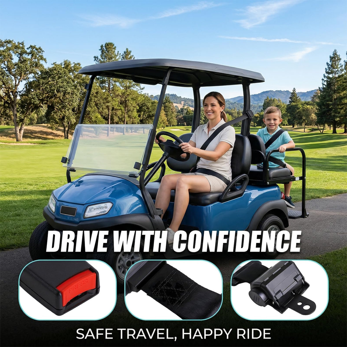 HOGUCAL golf cart usage scene demonstrates secure rides and comfortable passengers on courses.