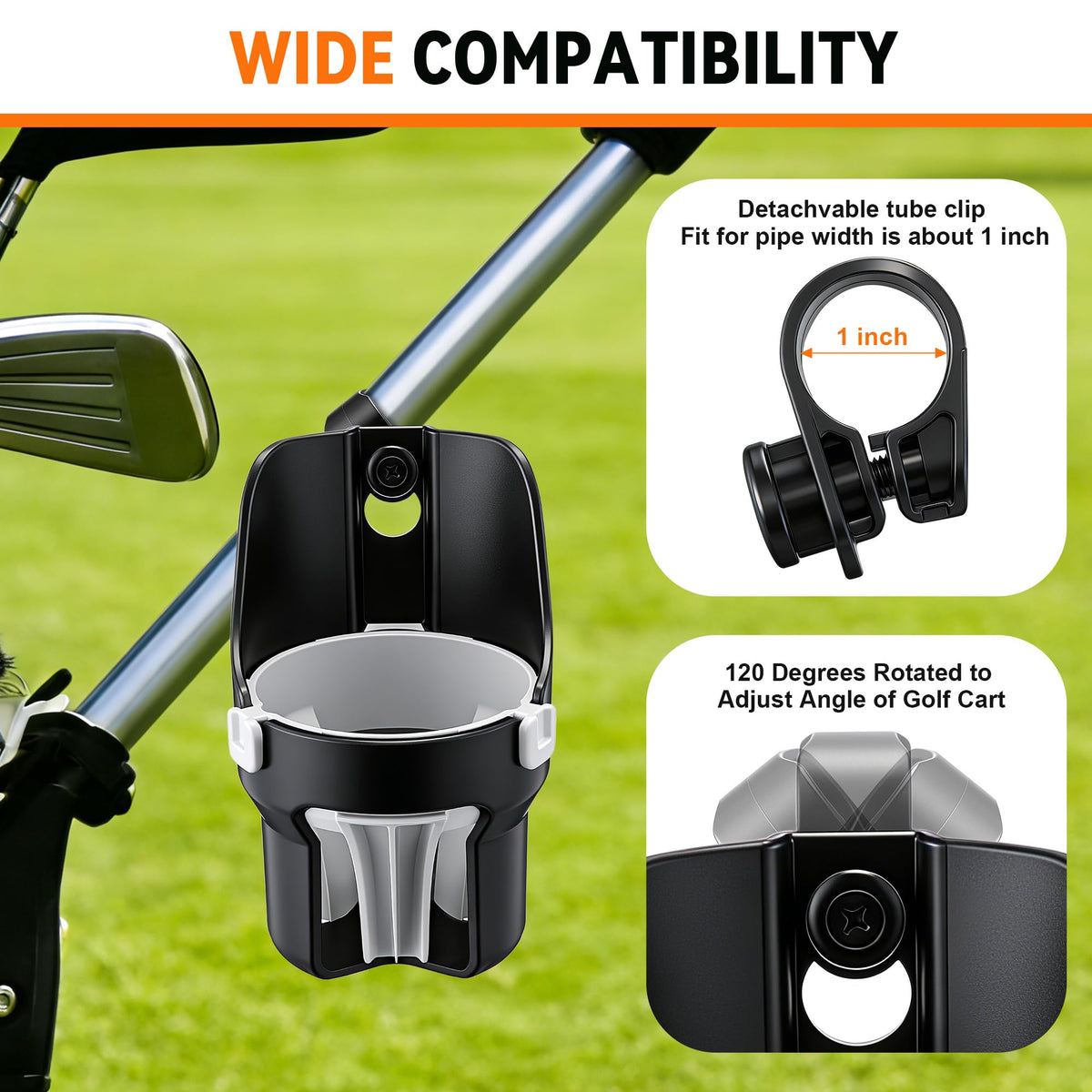 Hohean cup holder mounted on cart during a sunny round
