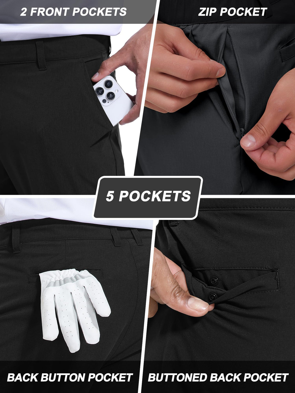 Holure five-pocket design offers secure storage for essentials during rounds.