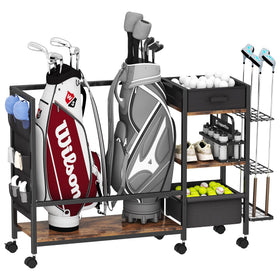 Homeiju Golf Bag Storage Main Shelf keeps two bags neatly organized for quick access.