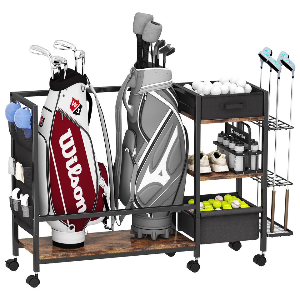 Homeiju Golf Bag Storage Main Shelf keeps two bags neatly organized for quick access.
