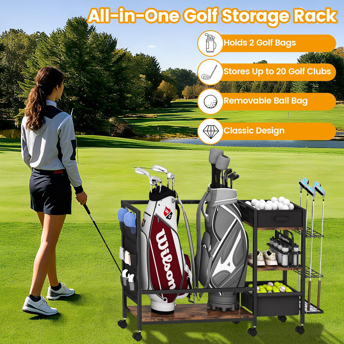 Homeiju Golf Organizer Extra Rack stores up to 20 clubs for easy reach and protection.