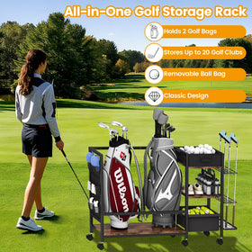 Homeiju Golf Organizer Extra Rack stores up to 20 clubs for easy reach and protection.