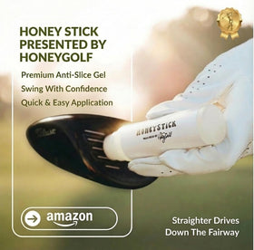 HoneyGolf HoneyStick bottle sits in a golf bag, ready for portable touchups.