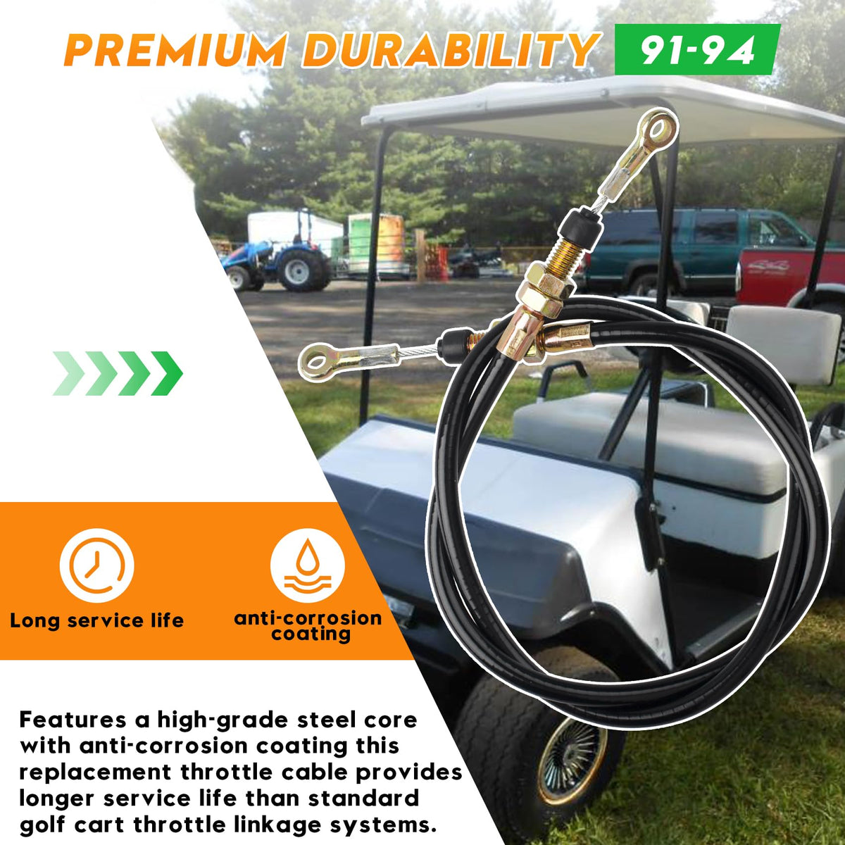 Honkador durable throttle cable for EZGO Marathon emphasizes longevity.