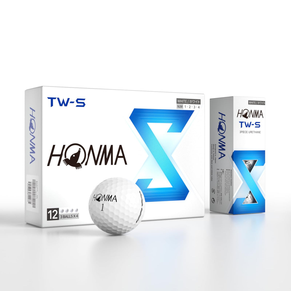 Honma TW-X/S golf balls with 3-piece urethane cover for distance and control.