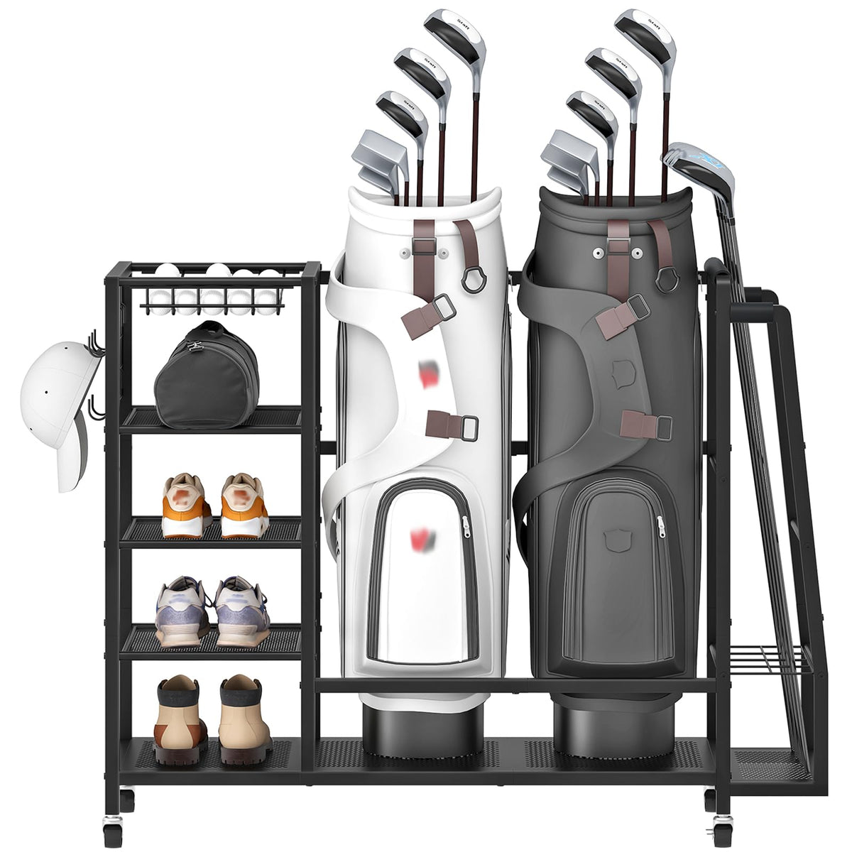HOOBRO golf bag storage stand front view with two-bag capacity for garage use