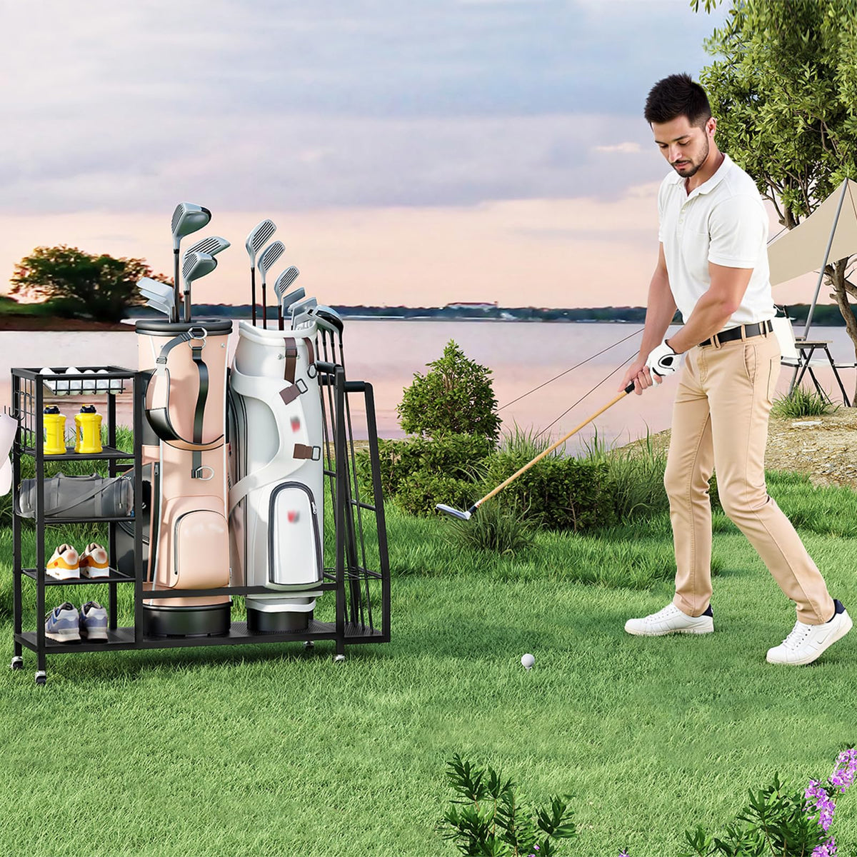 HOOBRO golf bag storage stand side view showcasing club holder and eight-club capacity