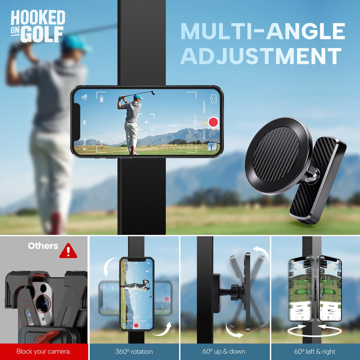 Holder attached to a metal post on a golf cart for secure placement