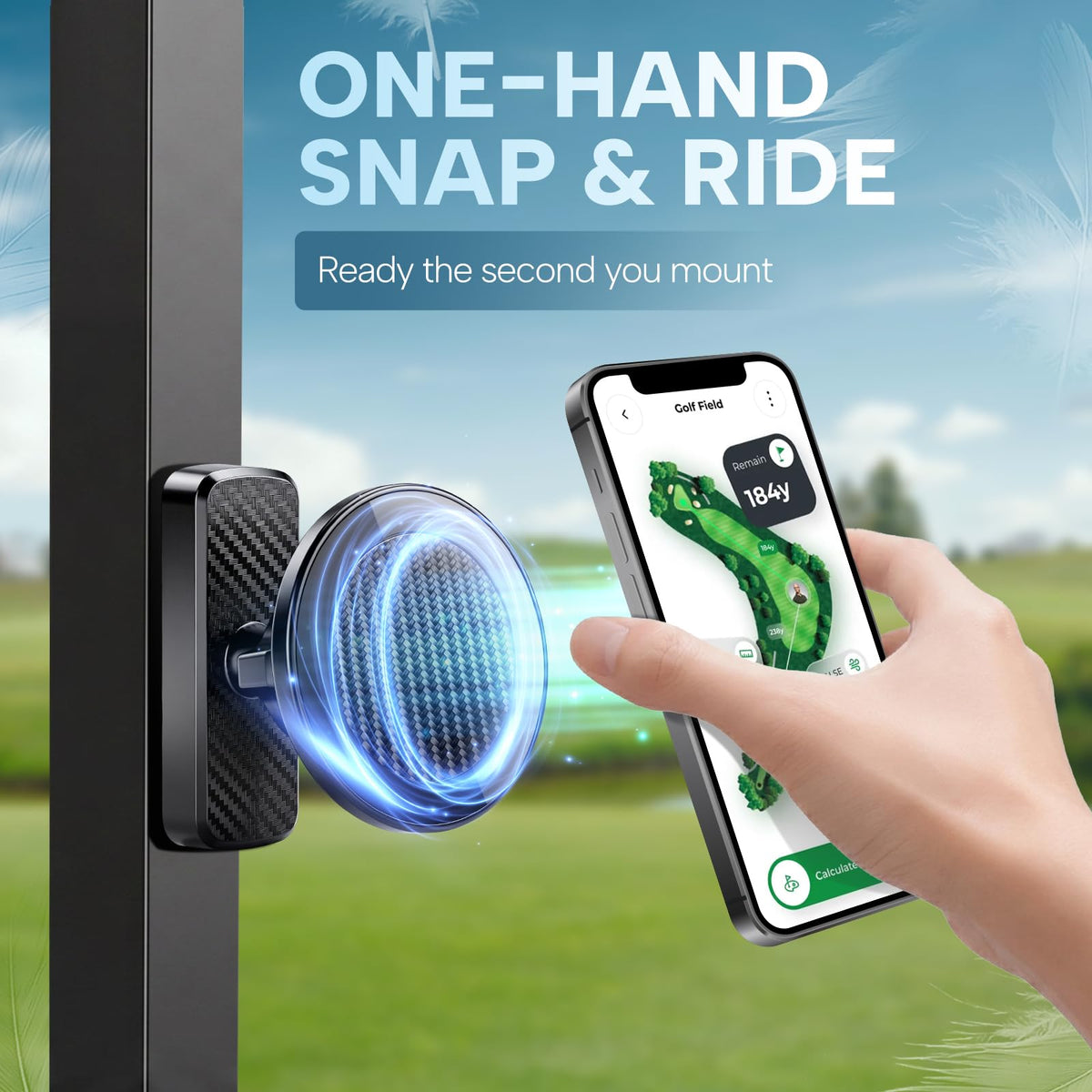 HOOKED ON GOLF cart phone holder shows 360‑degree rotation for angles