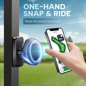 HOOKED ON GOLF cart phone holder shows 360‑degree rotation for angles