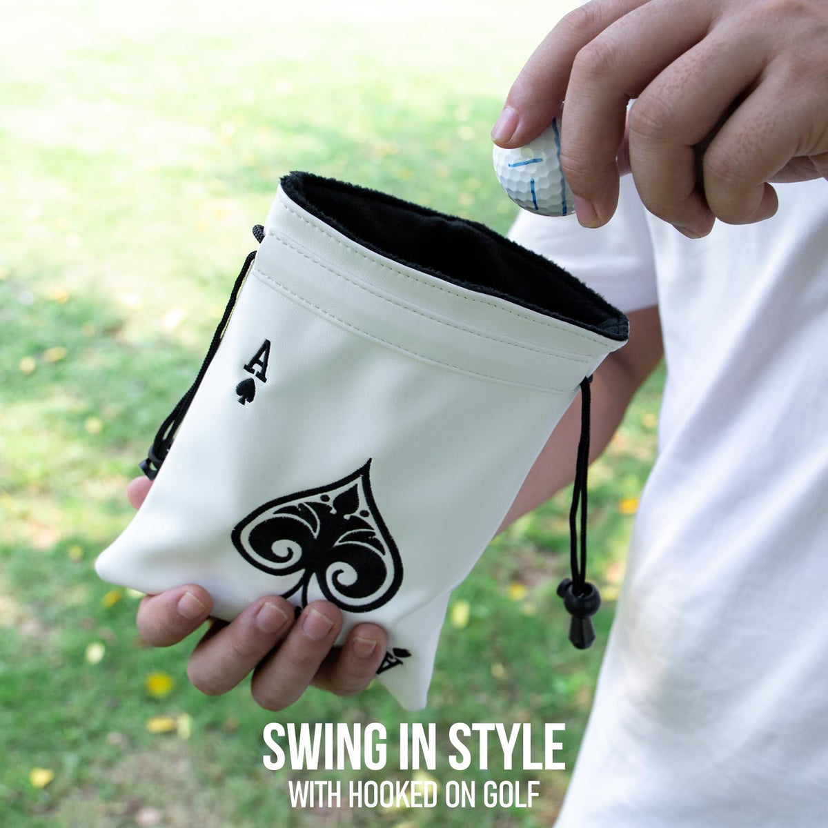 HOOKED ON GOLF embroidered pattern adds stylish appeal for daily rounds