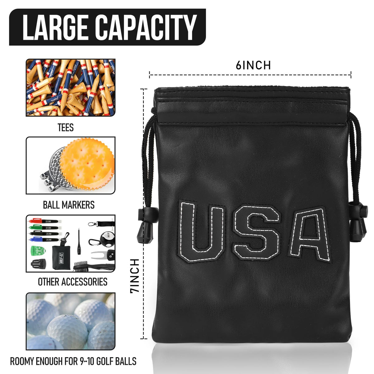 Hooked On Golf tees bag pocket storage keeps tees organized during rounds.