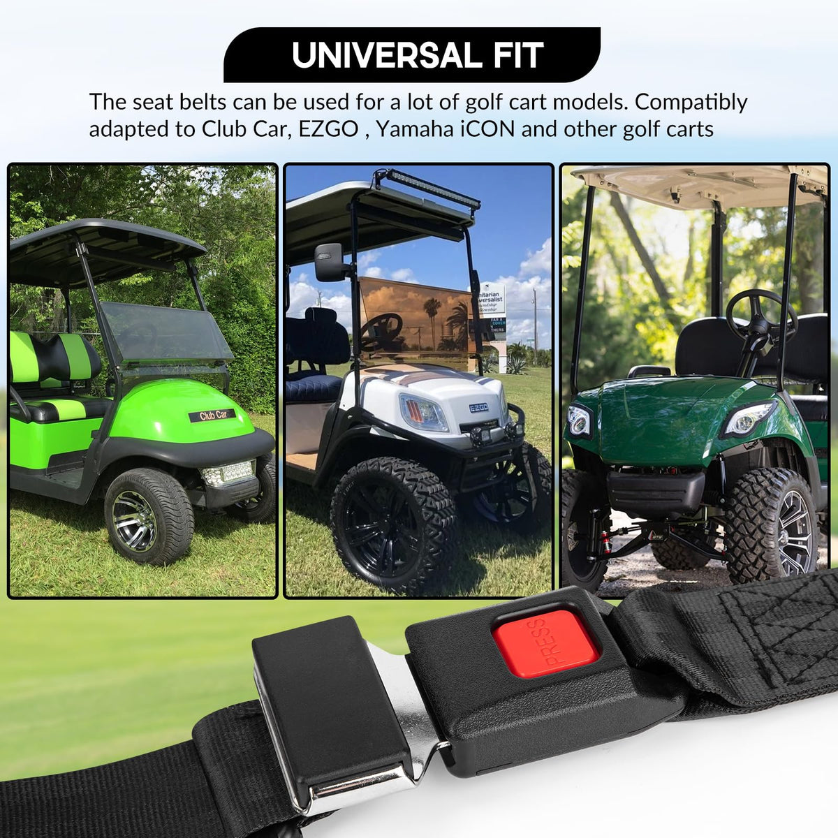 Hooked On Golf seat belt kit screws included for rust-proof mounting