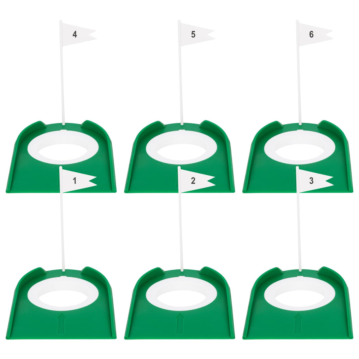 Hooqict 6-pack golf hole cups arranged for organized practice sessions.