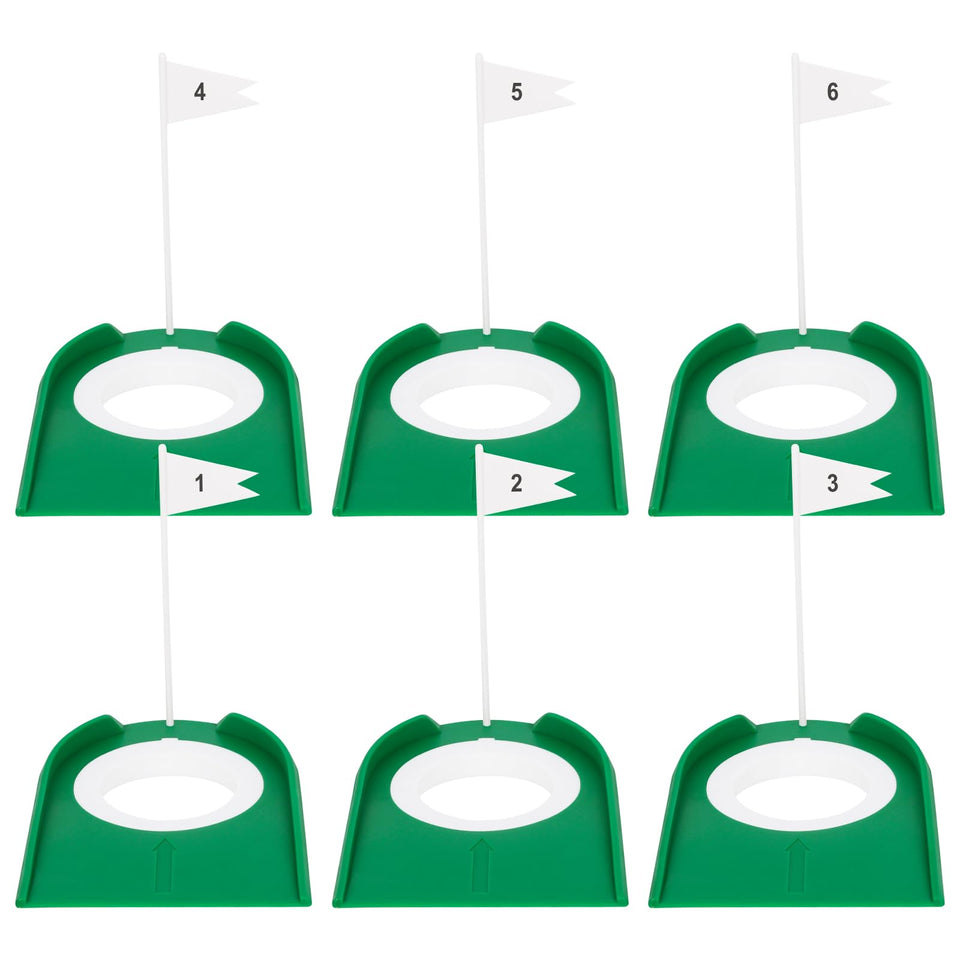 Hooqict 6-pack golf hole cups arranged for organized practice sessions.